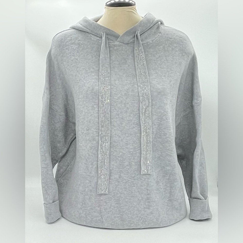 Enzoria Women’s Hooded Grey Sweater Rhinestone Ties And Rhinestone Star On Back